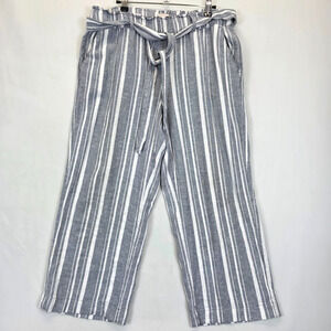 Loft Wide Leg Linen Pants Women M Gray White Striped Slash Pockets Tie Waist